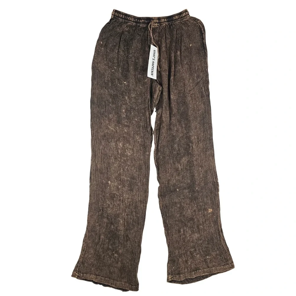 Whats Happenin Mens Brown Acid Wash Cotton Wide Leg‎ Relaxed Pants L New